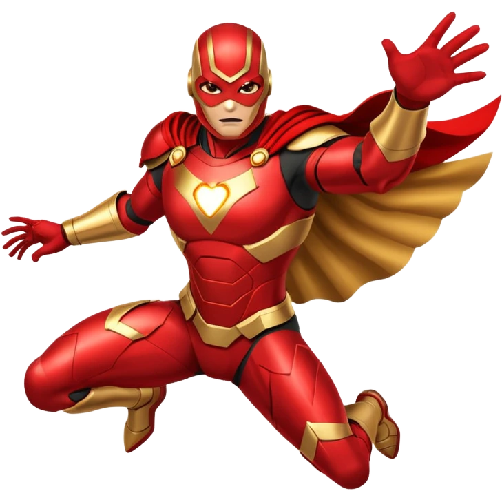 "A high-quality die-cut sticker of a tech-based armored superhero in a dynamic flying pose. Vibrant red and gold metallic plating, glowing circular chest piece, thick white border, flat vector art style, white background." emoji