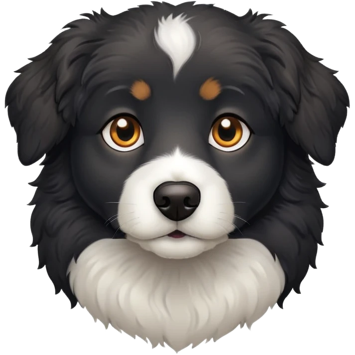 black dog with fluffy slightly curly coat, white chest, looking forward emoji