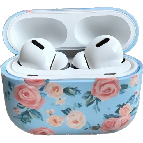 AirPods Pro in floral case with white and pastel blue roses pattern on the case emoji