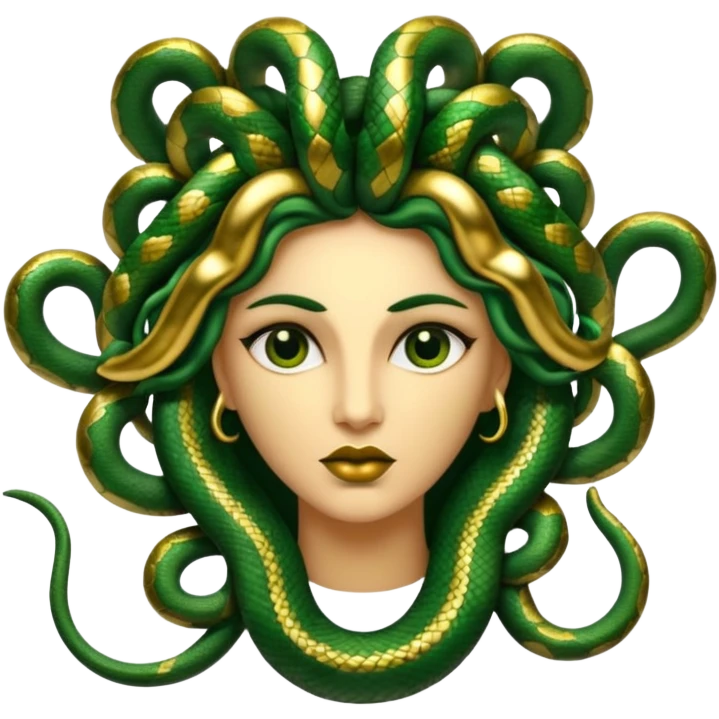 The Sicilian Medusa in gold and green and make the snake hair have snake faces  emoji