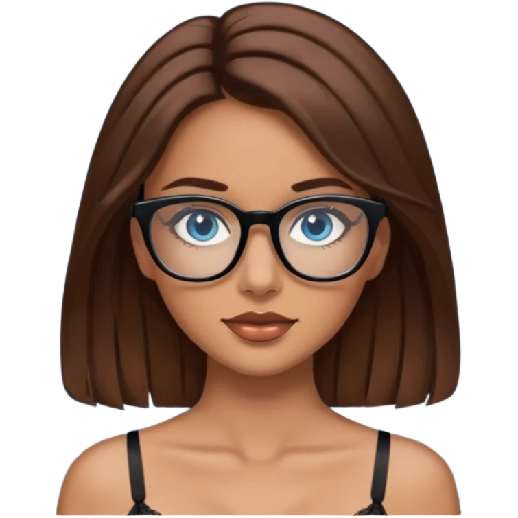 Brown, brown hair, blue eye, beautiful woman with black glasses I’m wearing lingerie emoji
