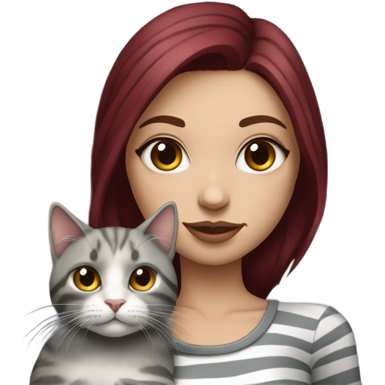 Beautiful burgundy haired tattooed woman holding gray and white striped long hair cat emoji
