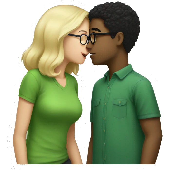 Girl with black hair and glasses wearing a green shirt kissing a boy with blonde hair and glasses, also wearing a green shirt emoji