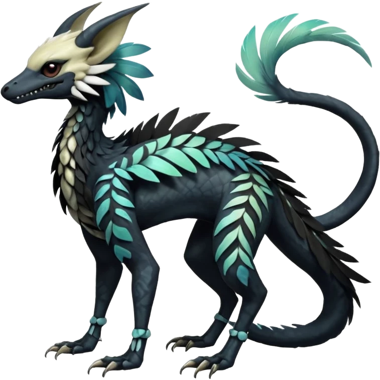 Rare realistic tribal patterned whitish pastel colorful iridescent shiny glossy feathery epic handsome gorgeous aesthetic black-skulled Vernid-Trico-Sergal-Salandit-Nargacuga-species-Fakemon-creature by LiLaiRa, 4 legs, 1 tail, random markings, (full body) long ears emoji