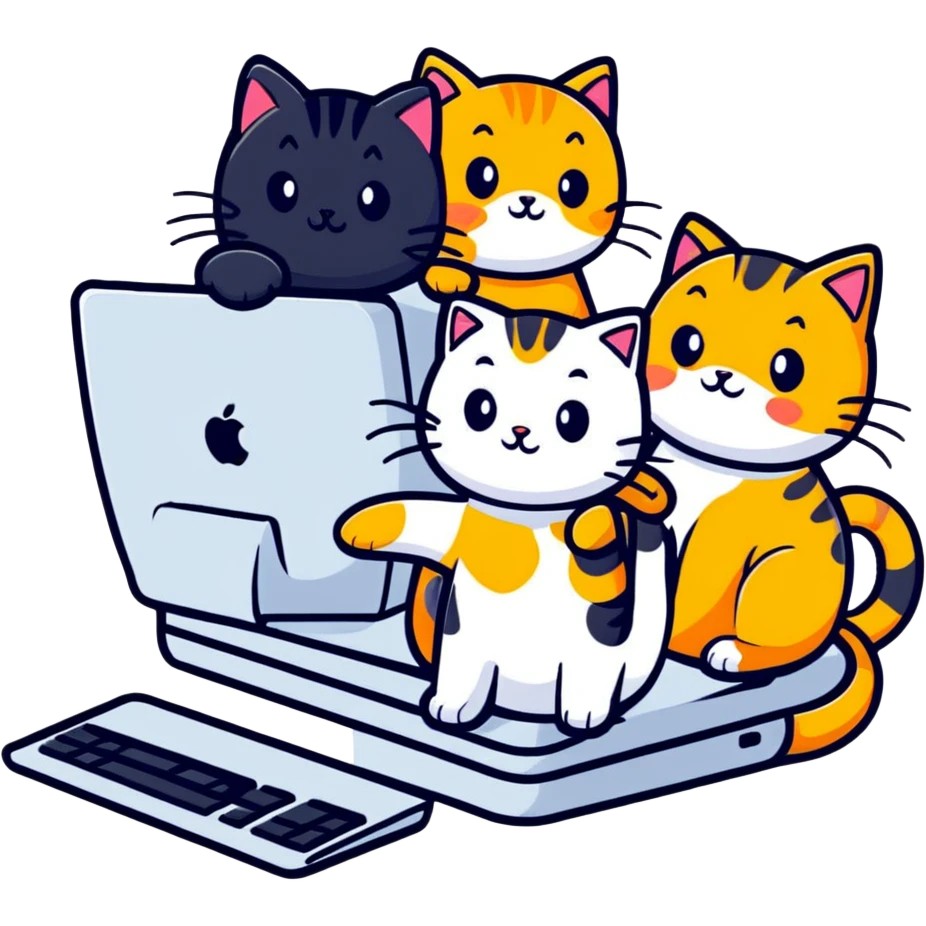 three cats at a computer, playful sticker style emoji