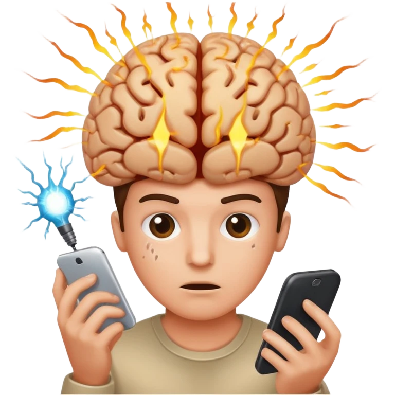 person staring at a cell phone with brain being fried emoji