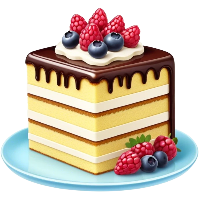 Cinematic luxurious slice of cake, delicate layers of moist sponge and rich frosting, beautifully decorated with fresh berries and a glossy glaze, soft glowing light, elegant and indulgent. emoji
