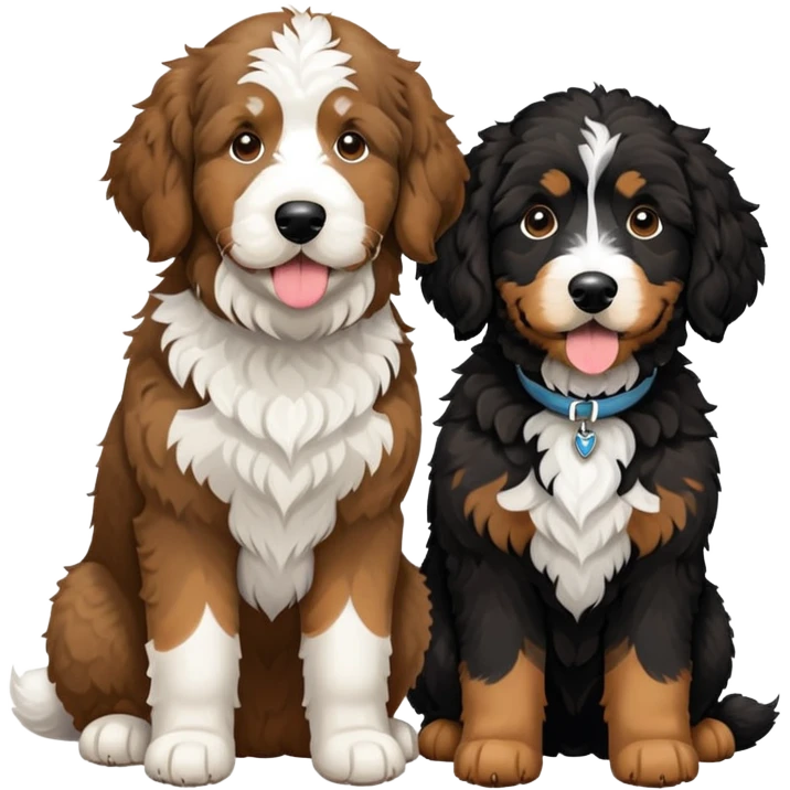 2 dogs: one light brown u, one Bernedoodle all black with white eyebrows some white markings, no brown coloring. Both same size. emoji