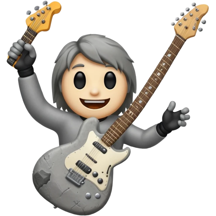 a rock with a happy face that is holding up a rock and roll hand and an electric guitar emoji