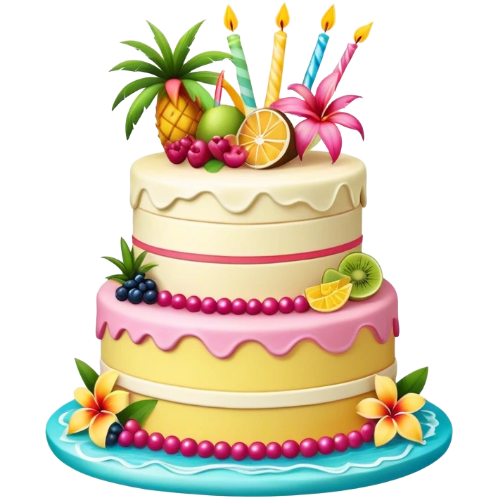 Realistic, colorful pink margaritaville-themed vanilla birthday cake, elaborate, layered, with tropical flowers and fruits  emoji