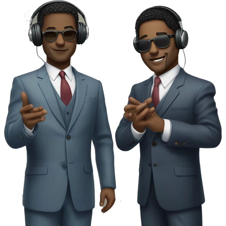 Two well-dressed individuals in suits human bodies with cat faces and hands. Wearing headphones for a podcast. Happy faces.  Almost the look of New Jack City clean, from back in the 90’s getting money. 
 emoji