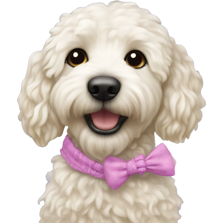 White mini golden doodle with scrunchie toy emoji