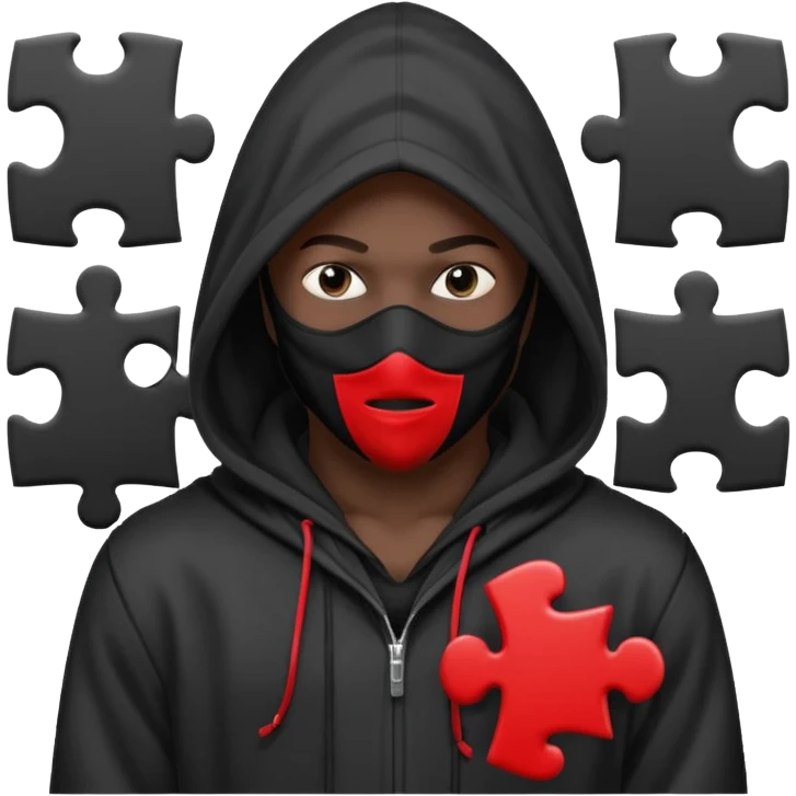 grayscale black mysterious masked hooded man with puzzle logo on hood emoji