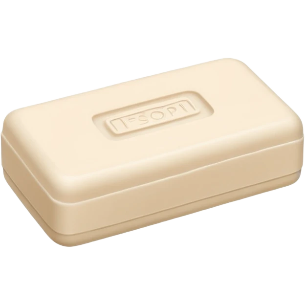 solid rectangular bar of soap with slightly rounded edges, matte chalky surface in pale beige or off-white tones, dense and firm texture, subtle ridges or embossed mark on top, no packaging, no bubbles, no cloth, soft lighting, subtle shadows, emoji scale emoji