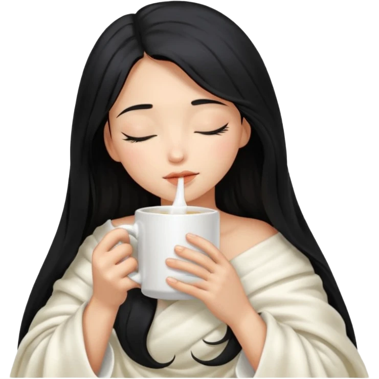 black hair girl long hair inside a white milky satin blanket sipping coffee in white mug eyes closed without coffee in mouth  emoji