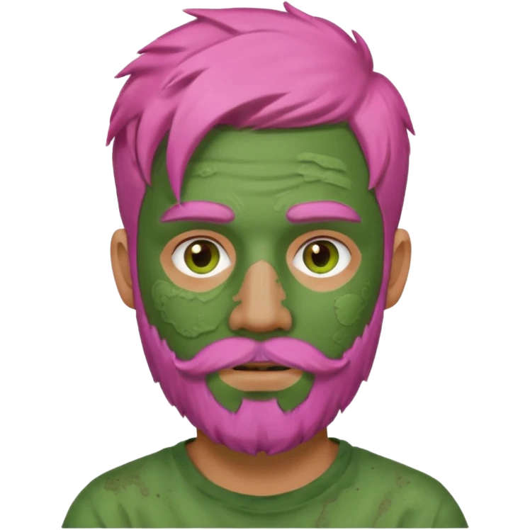 pink haired man with full full face dirty messy green clay mask and beard emoji