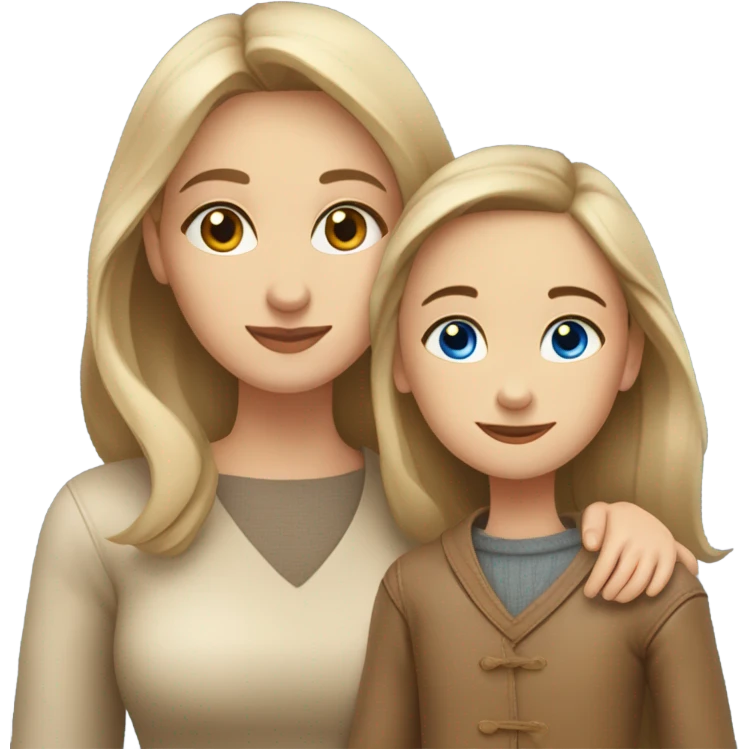 mother and daughter of Slavic appearance blue eyes in leather beige sweaters hugging emoji