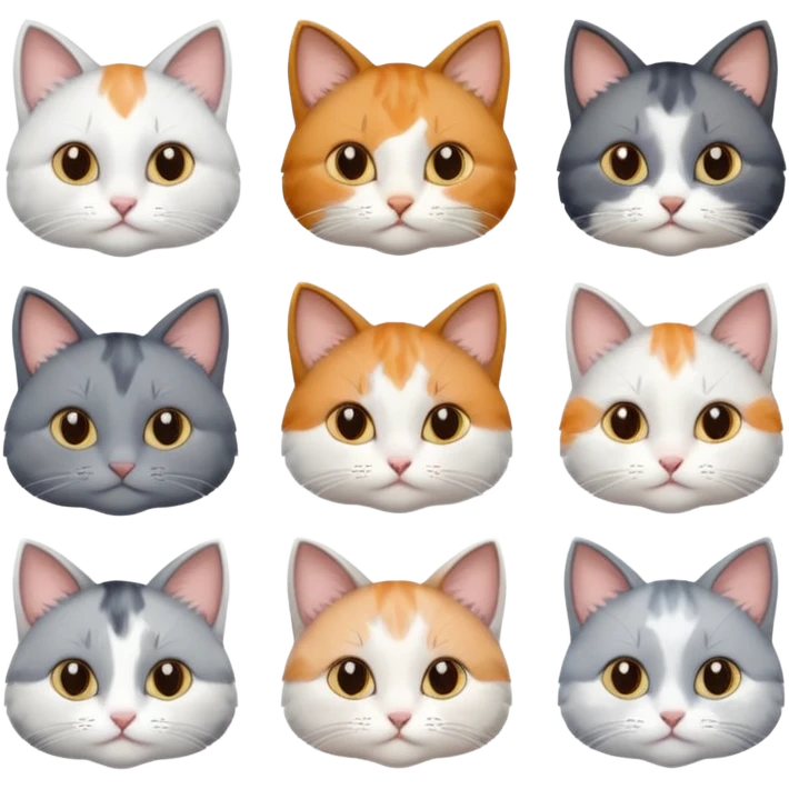 6 realistic looking cats with different natural coloured coats, assorted grey and white, greys, calico, brown and white colours etc
 emoji
