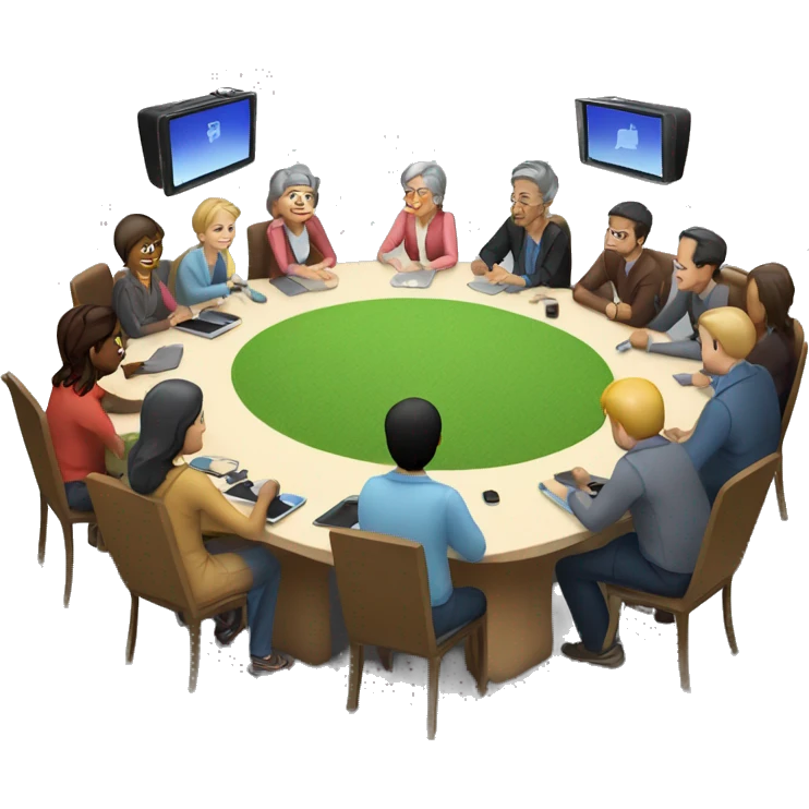 Camera club meeting with people sitting at long table with a digital screen at one end. emoji