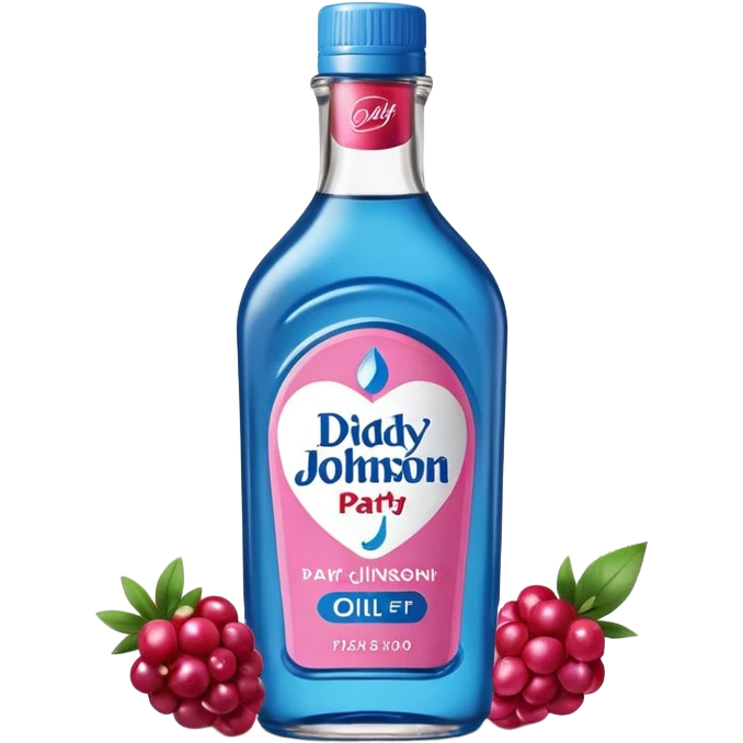 bottle of oil blue top pink outside with logo that says Diddy Party oil Johnson and Johnson  brand with a smiling berry on top emoji