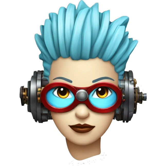 Light blue Mohawk hair female cyborg head with red steampunk goggles and circuits emoji