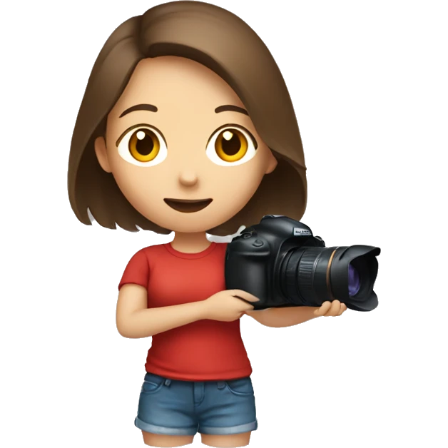 girl with brown hair, in red t-shirt holding camera emoji