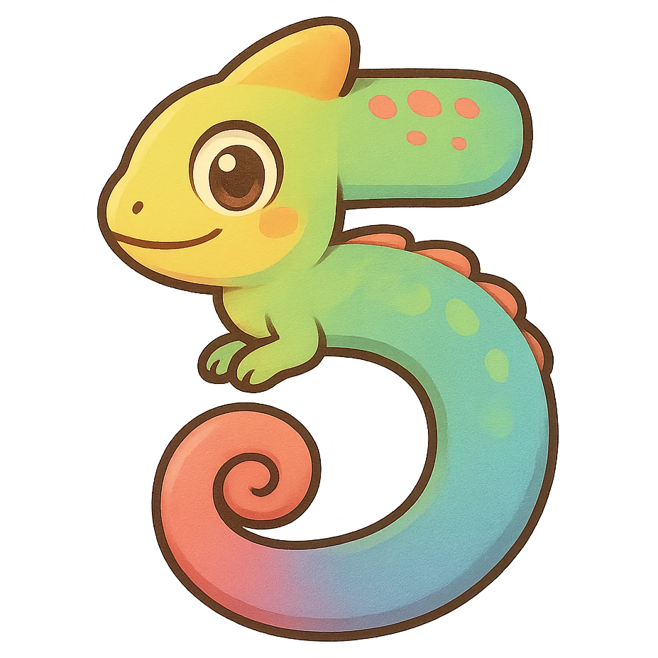 a colorful and playful chameleon shaped like the number 5 emoji