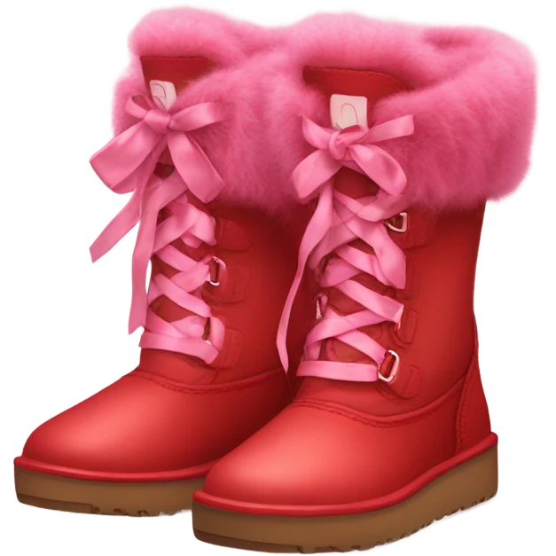 Pair of hypre realistic Red Ugg Fur Boots laced out with pink silk ribbon laces at the back of them. emoji