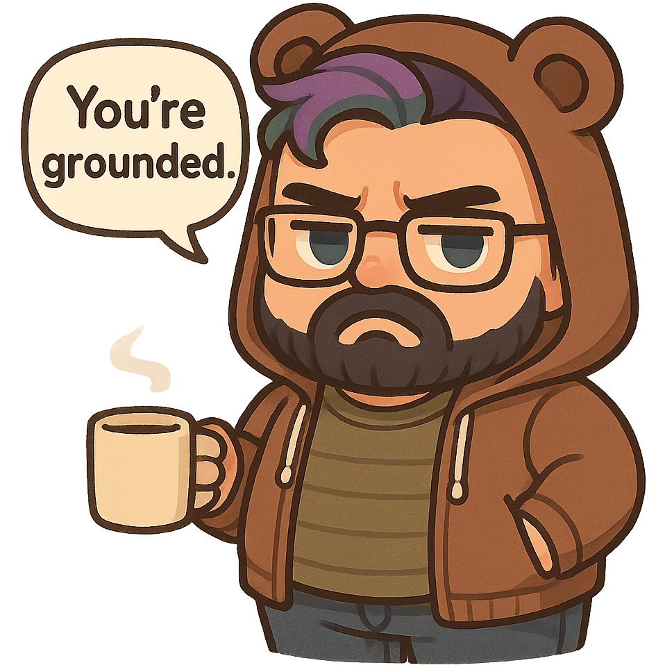 A realism art illustration art style of a plus-sizes man with purple to green ombre streak, black beard, blue eye, glasses, wearing a bear hoodie with ears,  dressed like a dad, holding a coffee mug, You’re grounded speech bubble, frowning  emoji