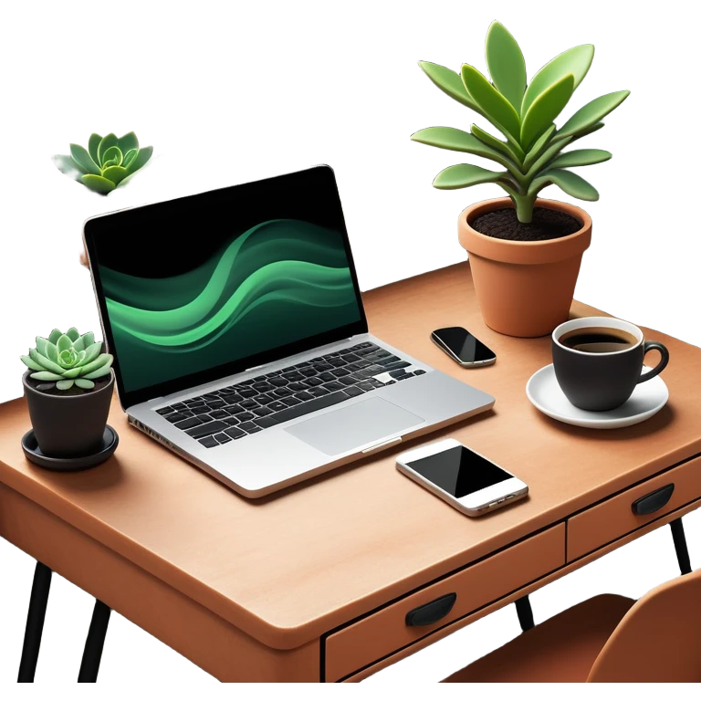 A tidy desk with a laptop, a steaming cup of coffee, and a small green potted plant, showing an organized and inspiring workspace emoji
