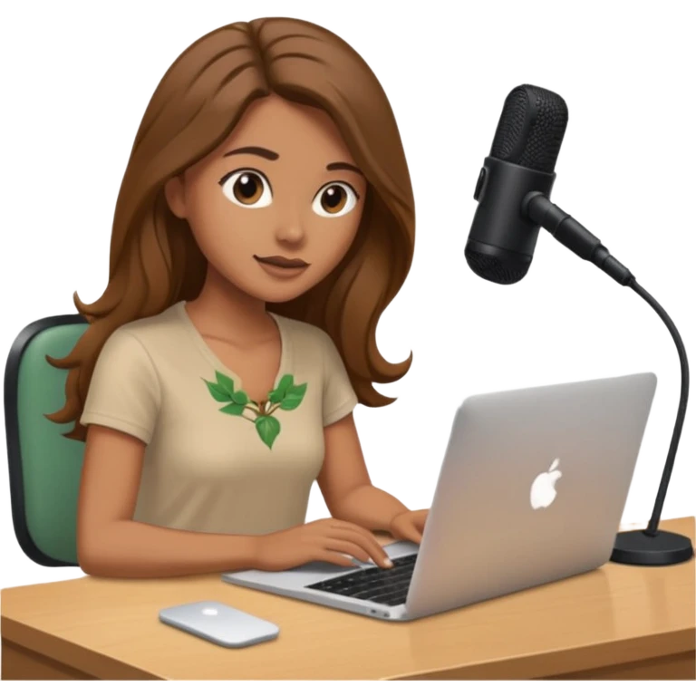 tanned brown long hair woman, sat at desk with MacBook, podcast microphone bleige top and vine color, sexy, glass table emoji