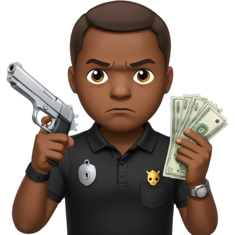 franklin saint from snowfall perhaps holding money and gun but he is mad and with a black polo shirt emoji