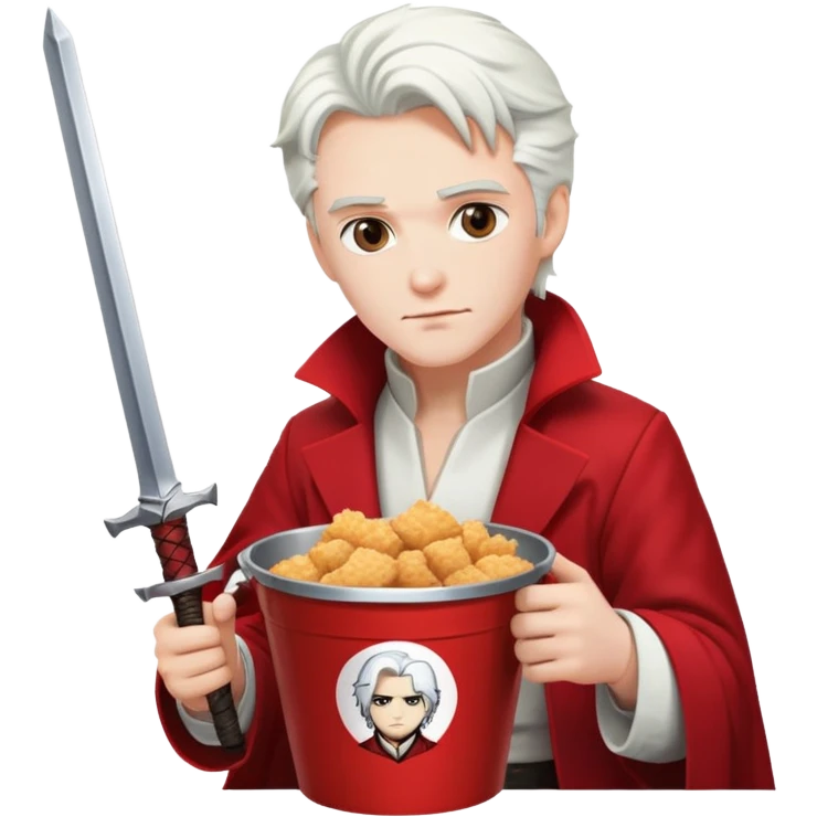 Dante from Devil May Cry sitting in a KFC bucket, red coat, white hair, rebellion sword emoji