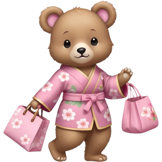 A cute baby bear character in pastel style, standing upright like a human. 
Light brown soft fur, large round ears, rounded paws and feet. 
Wearing a pink kimono with soft cherry blossom patterns on the sleeves and bottom, Holding a cute pastel shopping bag with one paw, walking pose. emoji