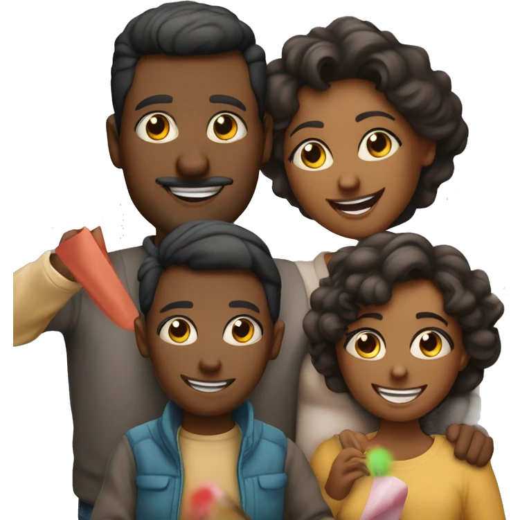  family of 4 people (mom dad and 2 kids) celebrate new year in birthday hats/ not nigers emoji