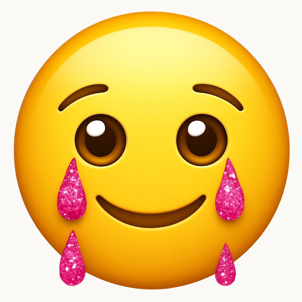 Make the tears pink glittery and the lips smile on a classic round yellow face emoji. The face should not be a woman face, but a classic emoji face. emoji