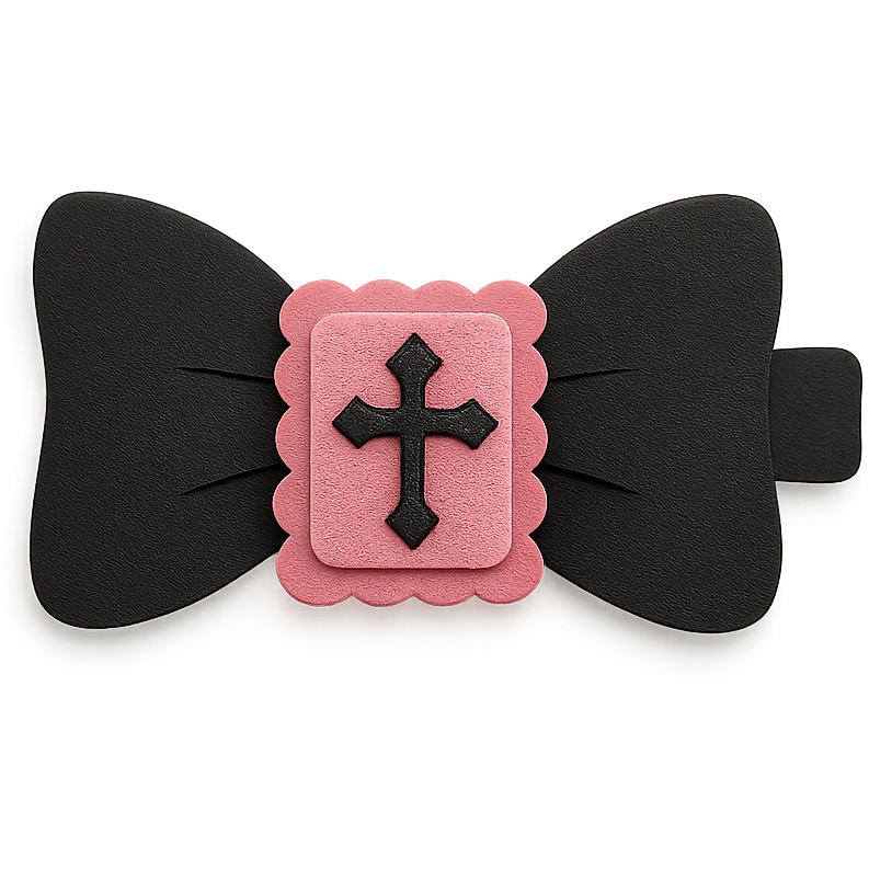 gothic hair clip, layered paper textures, handmade look, soft shadows, black and pink emoji
