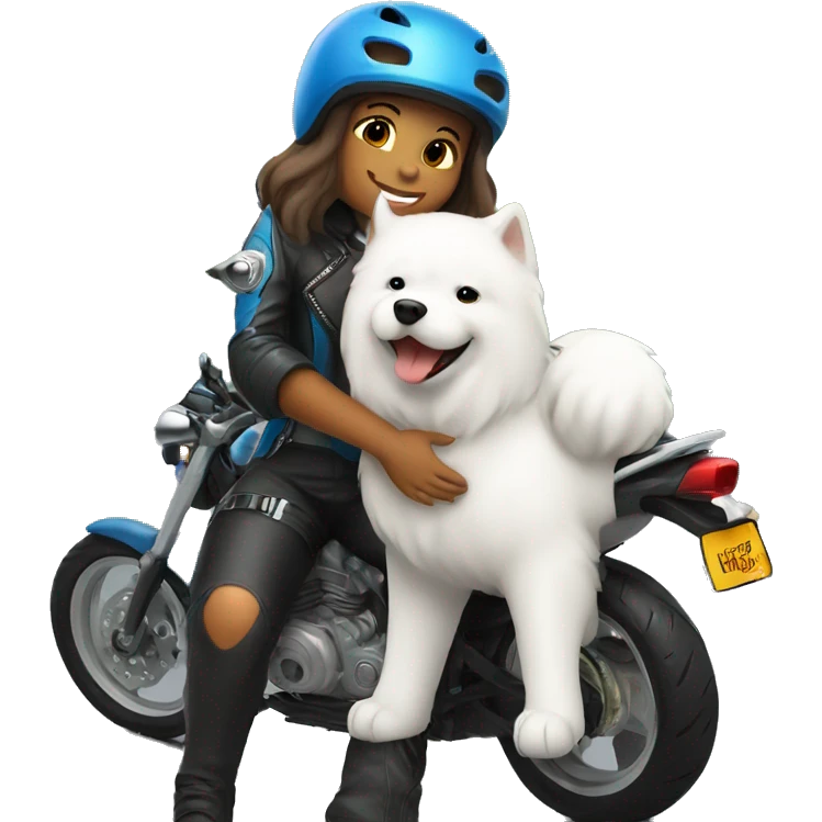 Biker girl with helmet hugging a Samoyed  emoji