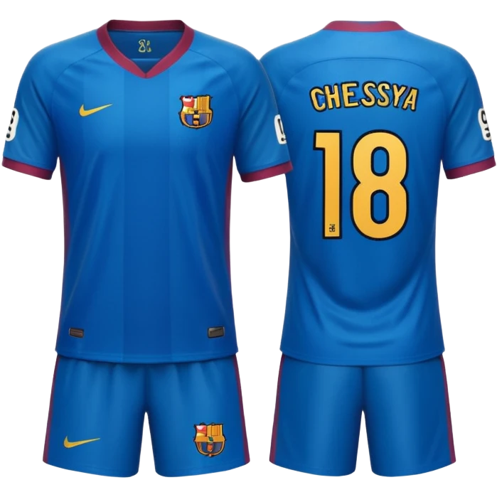 buat custom barcelona custom warna hanya bajunya saja dan menghadap belakang nama chessy dan nomor punggung 8 menghadap belakang emoji