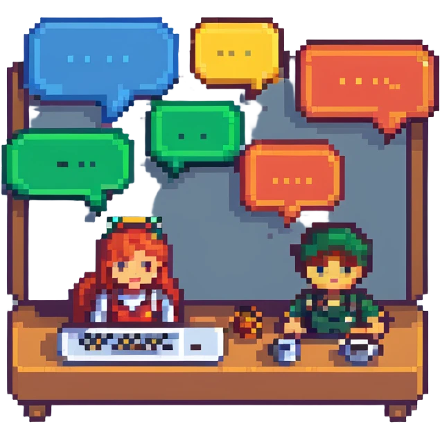online forum with chat bubbles and user icons in pixel art style emoji