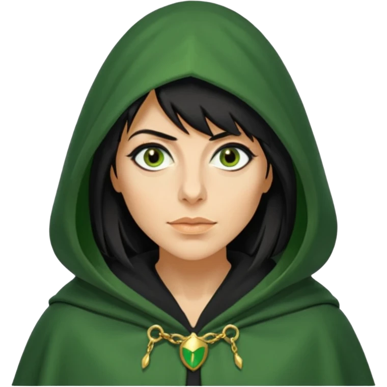 claudia winkleman as a traitor with a green hooded cloak with a gold clasp and dark black eyeliner emoji