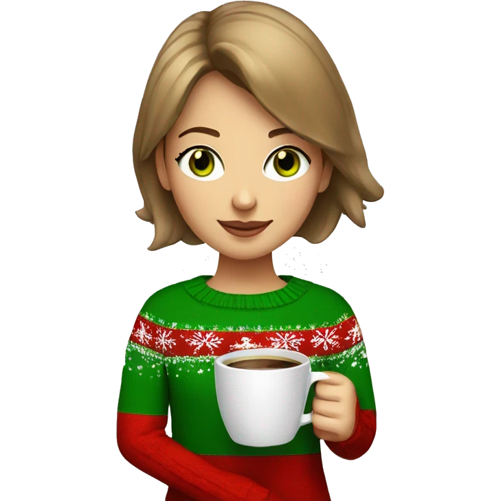 Light brown short haired girl with green eyes drinking coffee wearing red Christmas sweater emoji
