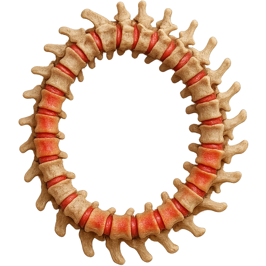 SPINA DORSALE ANATOMICA UMANA REALISTICA infiammata CHIUSA A CERCHIO, iperrealistica 4k, non disegnata emoji