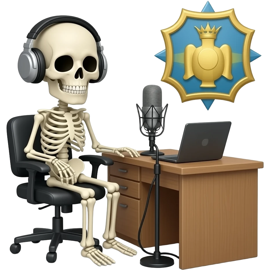 He don’t care skeleton with headphones and a desk Mike doing a podcast with this emblem behind him emoji