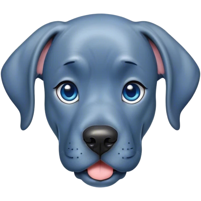 Cinematic Cute Blue Great Dane Portrait Emoji, Head tilted playfully and inquisitively, featuring a glossy blue Fur with a refined sheen, round, sparkling steel-blue eyes filled with curiosity, Simplified yet irresistibly adorable features, highly detailed, glowing with a warm, friendly glow, high shine, affectionate and gentle, stylized with a touch of whimsy, bright and endearing, soft glowing outline, capturing the essence of a mischievous yet loving pup, so playful it feels like it could lumber out of the screen and into your arms! emoji