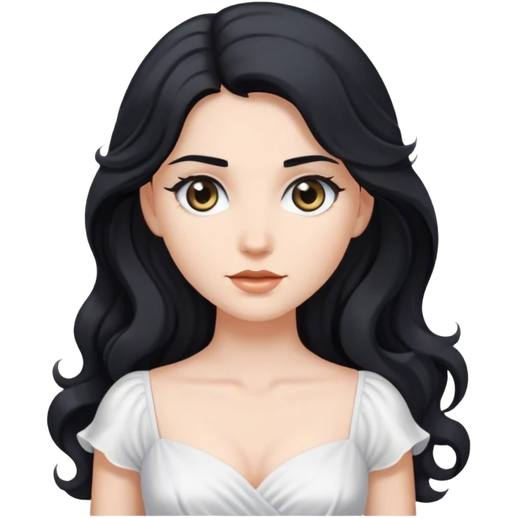 woman with long, wavy black hair, gray eyes, and wearing a white dress emoji