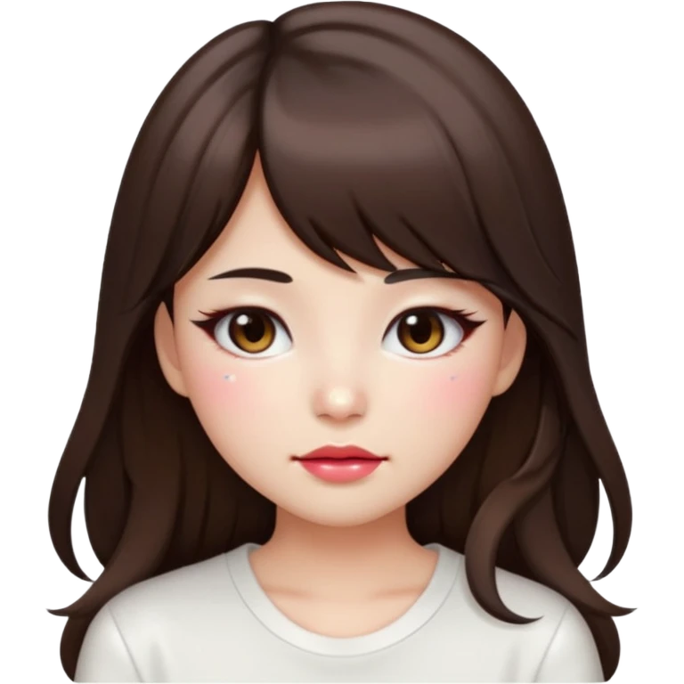 “japanese style Emoji brunette girl long hair with side bangs white top, dewy skin, heavy blush across cheeks and nose bridge, glossy cherry lips, soft eyeliner, teary sparkling eyes emoji