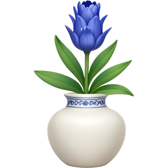 A small white vase holding a single blue hyacinth flower with green leaves. emoji