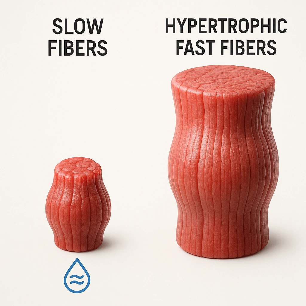 hyper realistic image showing visual comparison between saturated slow fibers and hypertrophic fast fibers, slow fibers appear compact and minimally grown, saturation symbols, educational atmosphere, white background emoji