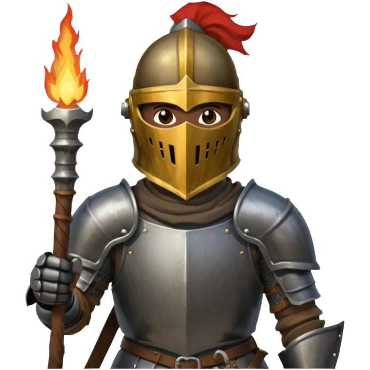 knight holding a short wooden torch in hand wearing darker, realistic iron armor, and a closed slitted helmet in dark souls style emoji
